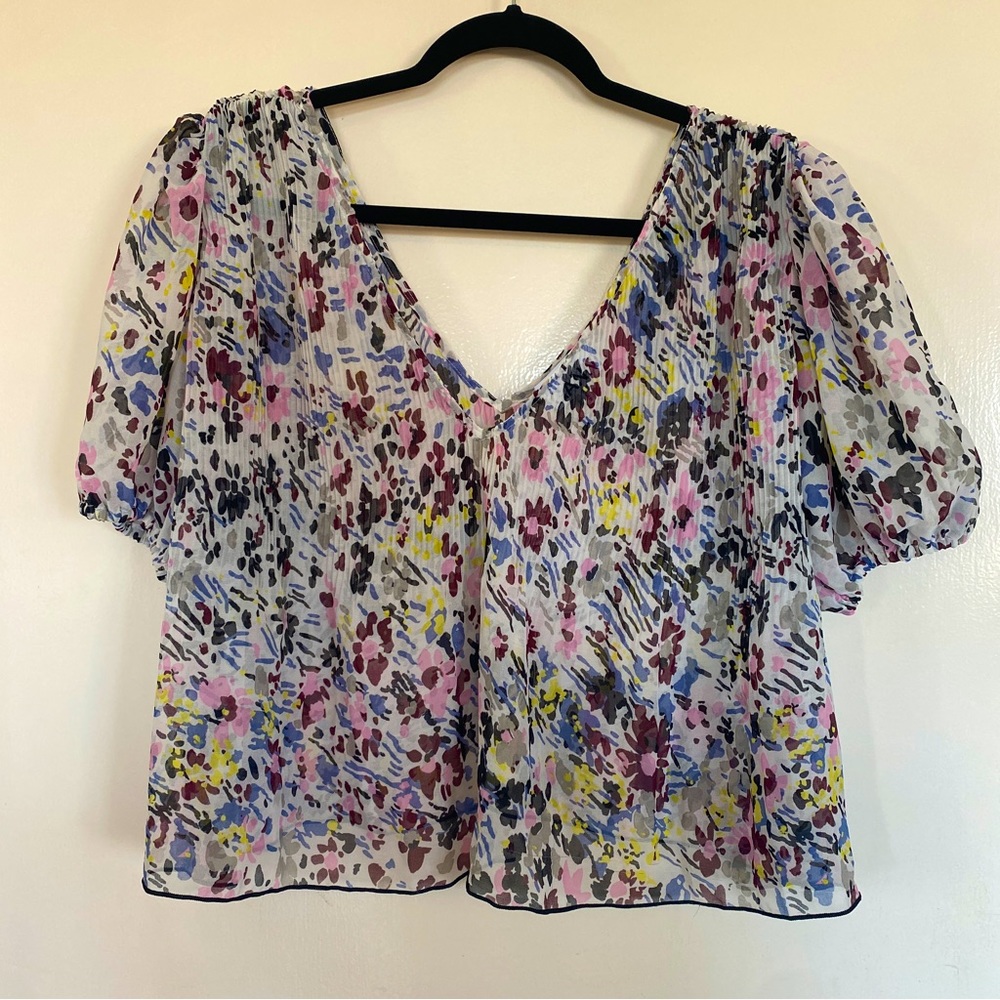 GANNI Egret Pleated Georgette Floral V-neck Blouse- Size M
